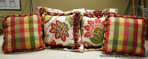 Floral Flange Edge Pillows with Fringe Trim and Plaid Ruched Corded Pillows