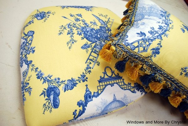 Blue and Yellow Toile Pillow with Tassel Trim and Upholstered Seat