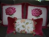 Velvet Framed Pillows with trim and a lumbar pillow with velvet, trim and floral fabric.  Designed by JCR Design Group.