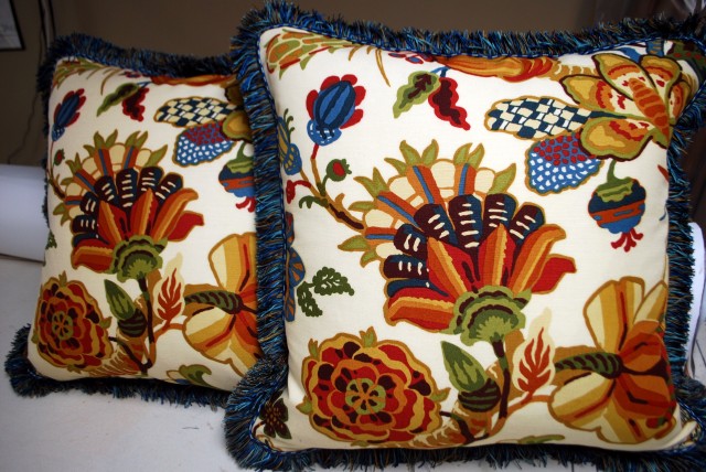 Floral Pillows with Brush Fringe and blue braid trim