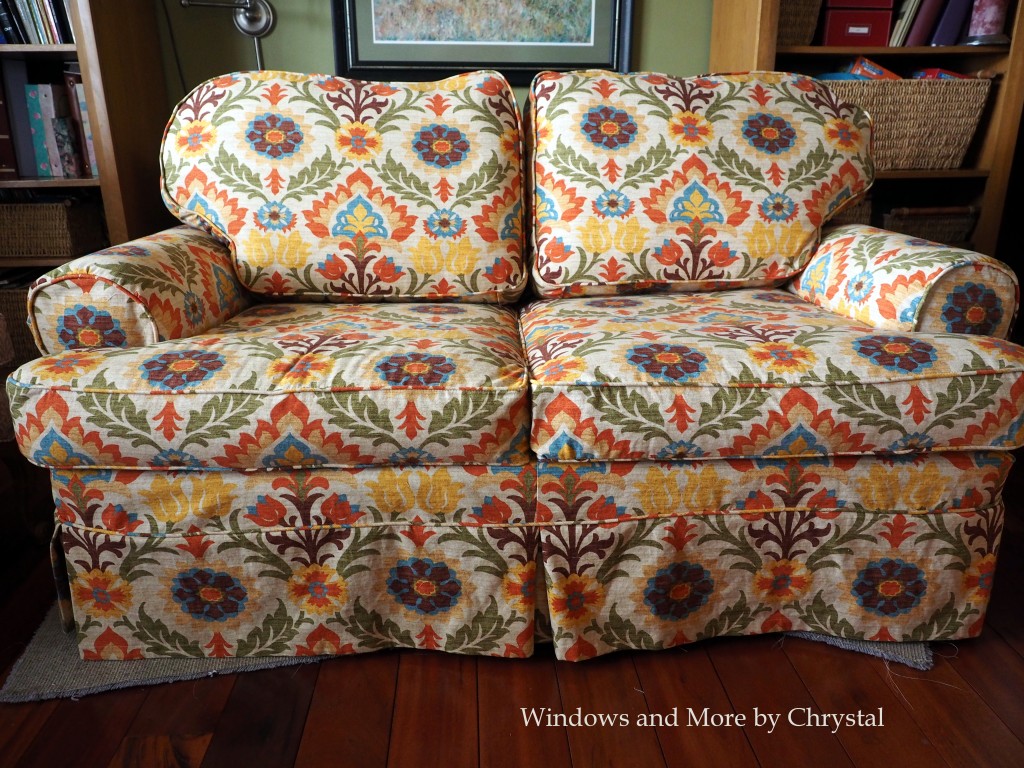 Slipcover on loveseat, pattern matched