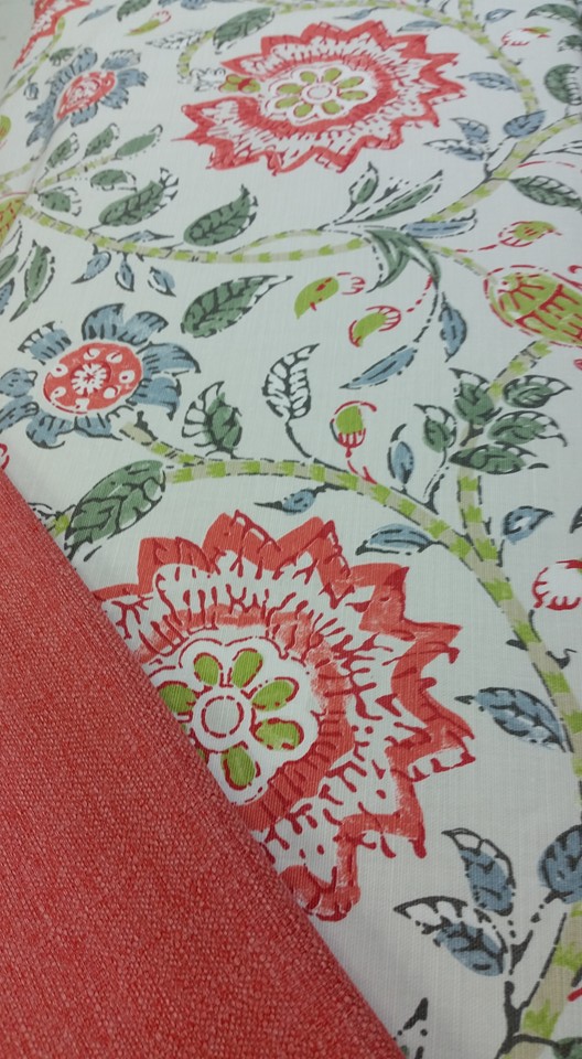 Floral Linen Fabric with Coral Solid