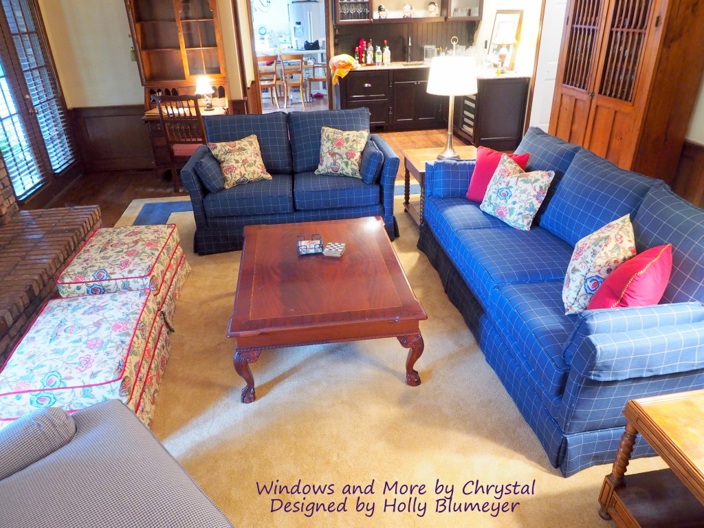 Family Room with new upholstery - Blue and White plaid sofa and loveseat, and Floral ottomans.