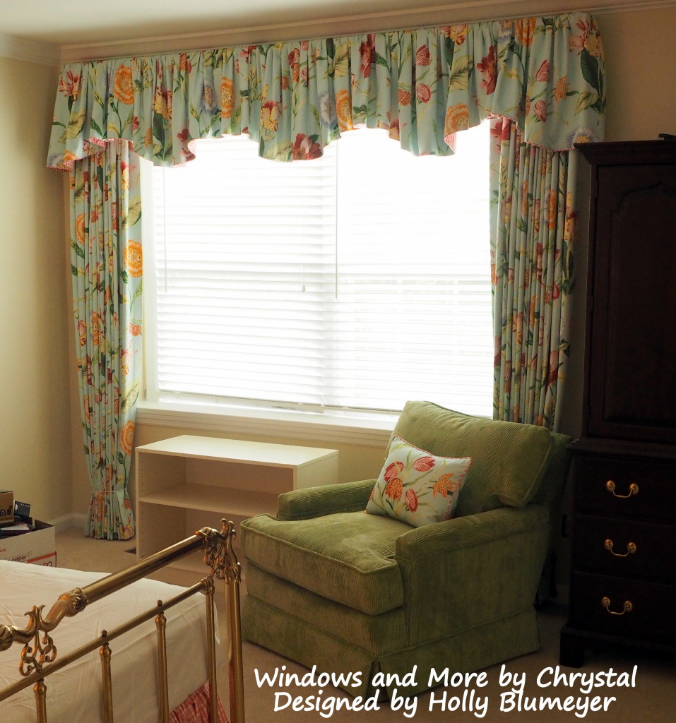 Master Bedroom - Drapes and Gathered Scalloped Valance, and Shams in Large Floral, Bedskirt and Pillow in Pink Check, and Green Corduroy Chair.
