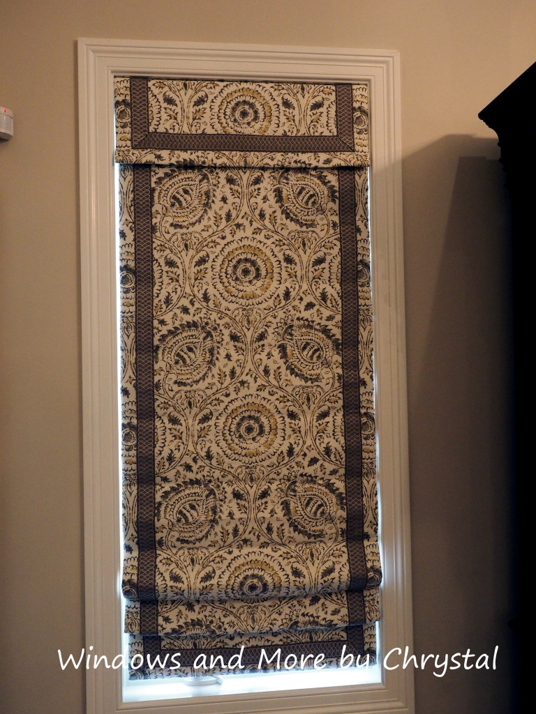 Cordless Roman Shade with Banding, coordinating valance. Blackout and interlined.